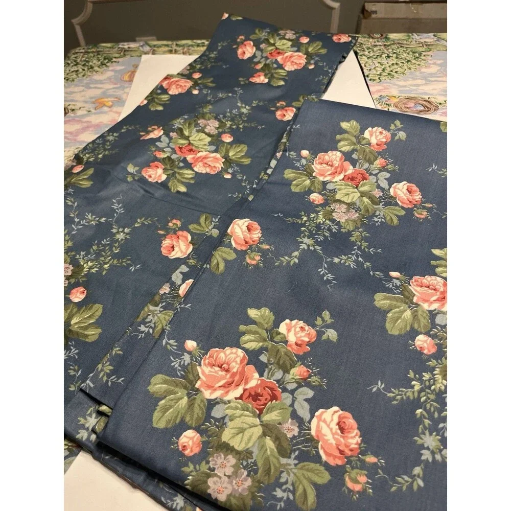 2 Croscill Blue w Pink Flowers Lined Panels Curtains 38x86” (per Panel) VTG USA